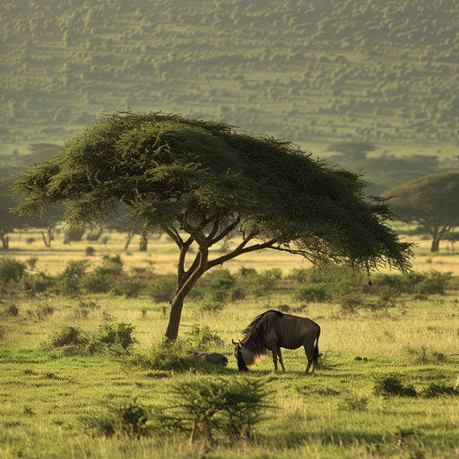 Birth of a wildebeest under an acacia tree at sunrise