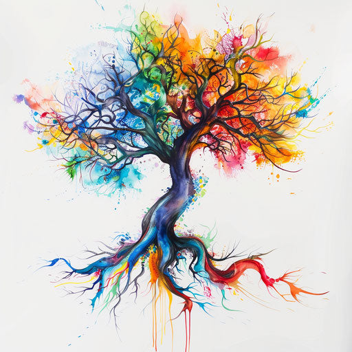Abstract tree of life tattoo illustration, surreal shapes and vibrant colors