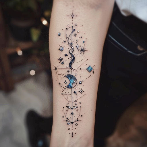 Playful flat tattoo sketch of Aquarius constellation with whimsical zodiac symbols