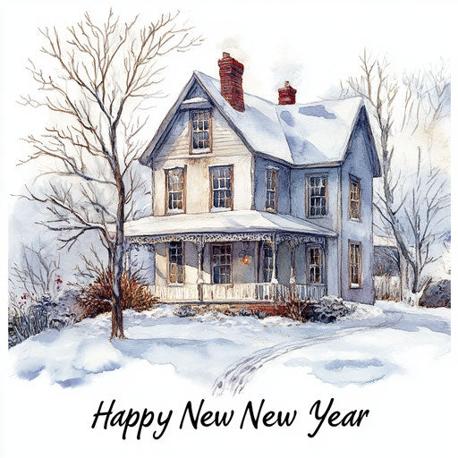 Watercolor painting of a beautiful old rustic farmhouse in winter snow