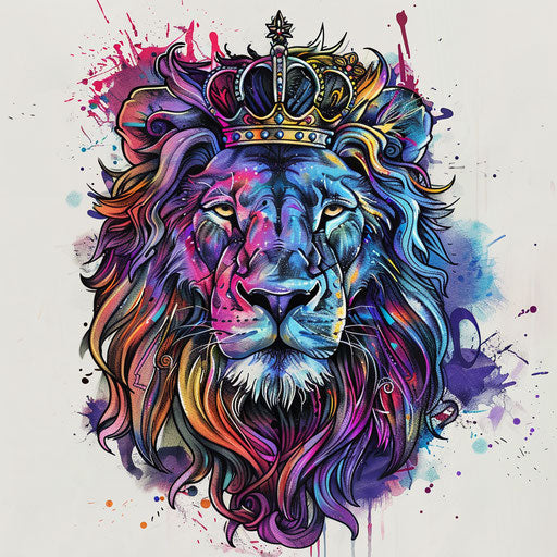 Whimsical lion with crown in flat tattoo sketch