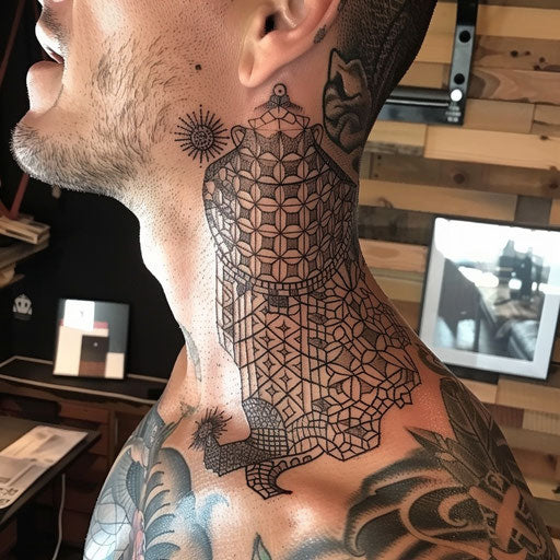 Neck tattoo with intricate geometric patterns