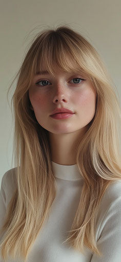 Blonde model at salon: straight haircut with bangs