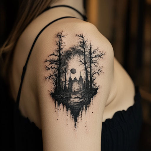 Shoulder tattoos for females with haunted forest imagery