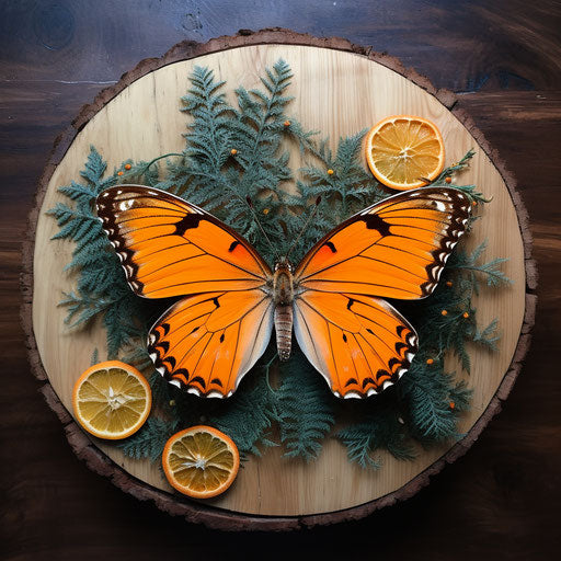 Orange butterfly in Dimitry Roulland style in forest, rounded, photo