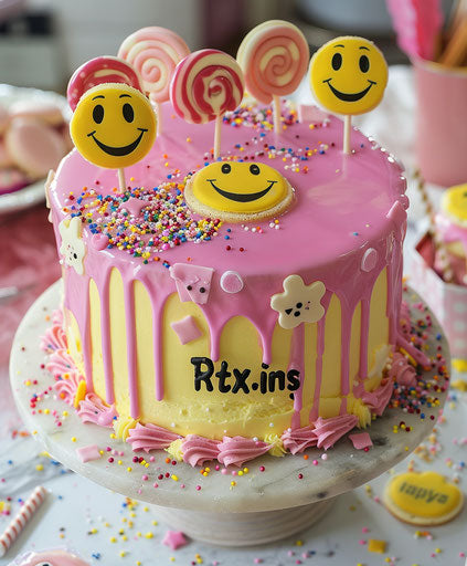 Pink and yellow cake with smiley faces, 'Rtx.ins' text, lollipops