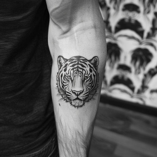 Simple tattoos for men of a tiger, in the style of Guy Aitchison
