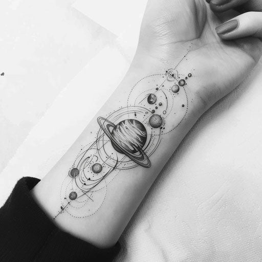 Sketch of a celestial galaxy with planets and stars for wrist coverup tattoo for women