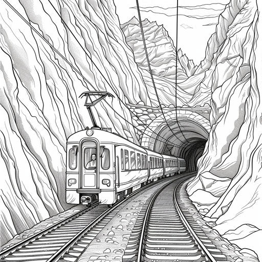 Train in a mountain tunnel. Coloring book page