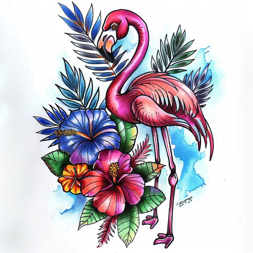 Artistic flamingo tattoo with tropical flowers