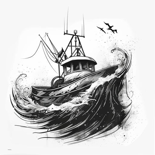 Fishing boat on waves in minimalist black and grey