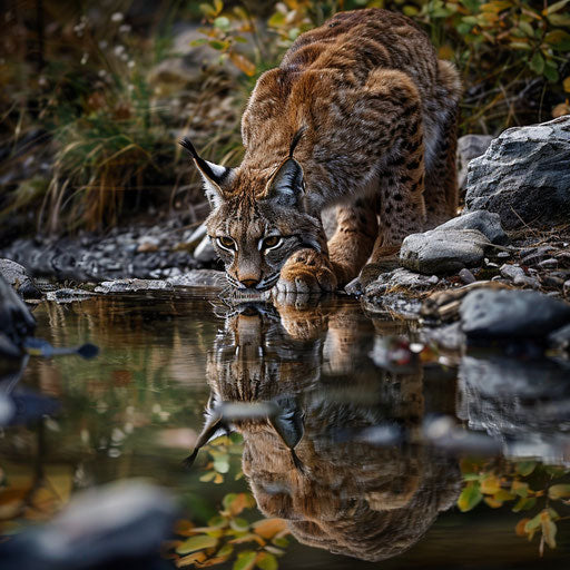 Lynx drinking from mountain stream