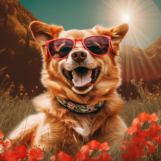 Dog with sunglasses sitting on the grass
