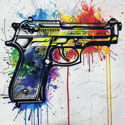 Explosive colorful handgun graffiti on white urban wall