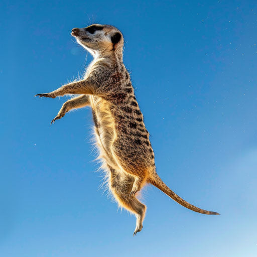 Leap of a meerkat under a clear blue sky