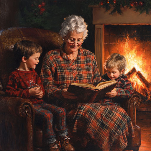 A grandmother in classic plaid pajamas, reading a Christmas story to her grandchildren by the fire.
