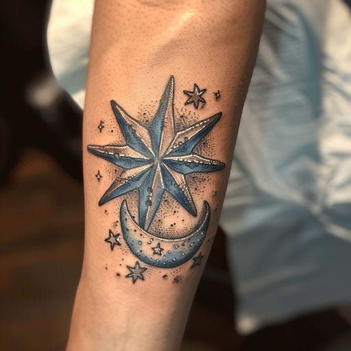 Mystical nautical star tattoo with moon and stars theme