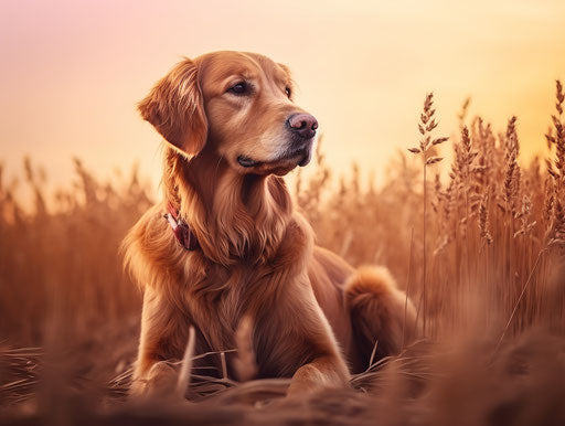 Golden retriever sitting in field, light maroon and gold style