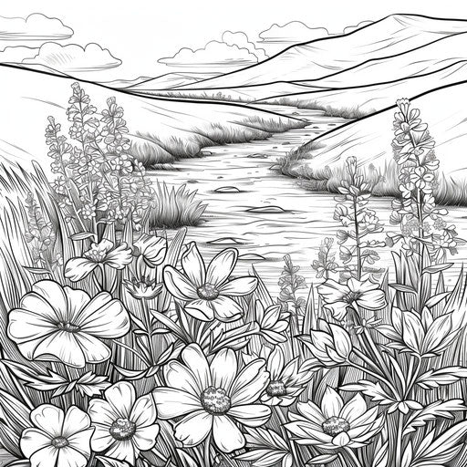 Detailed illustration of a meadow with wildflowers and a flowing stream. Coloring book page