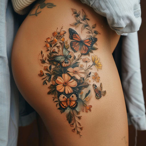 Hip tattoo of a butterfly garden