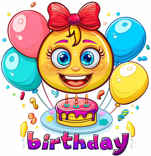 Happy birthday with smiling face, cake, and colorful balloons