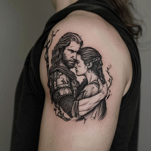 Couple tattoo depicting epic fantasy lovers