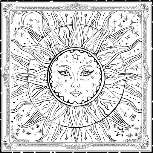 Celestial design of sun and moon with intricate details