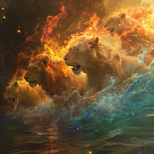 Elemental lions mastering fire and water