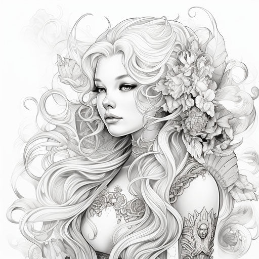 Beautiful girl with long hair in fancy dress, detective style, meticulous inking, ornate