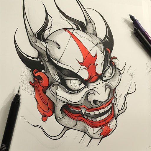 Whimsical flat tattoo sketch of a cartoonish Hannya mask with playful features