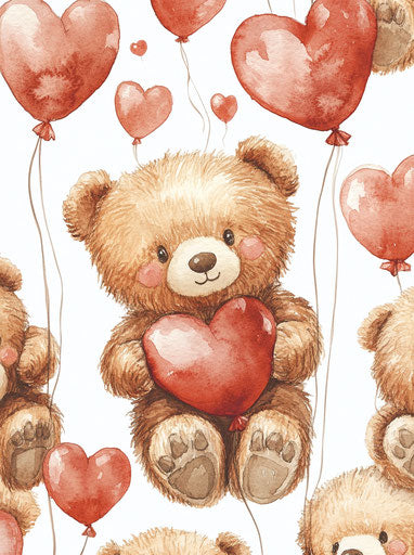 Teddy bear surrounded by heart-shaped balloons