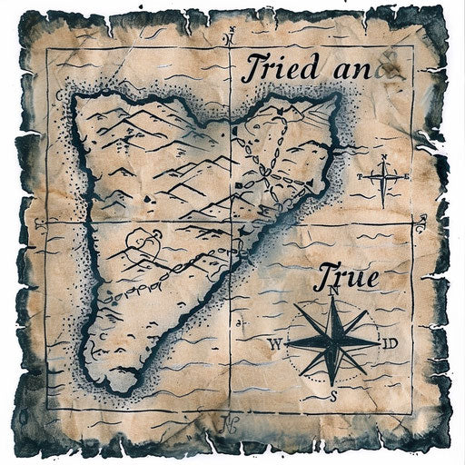 Adventurous sketch of a treasure map with "Tried and True"