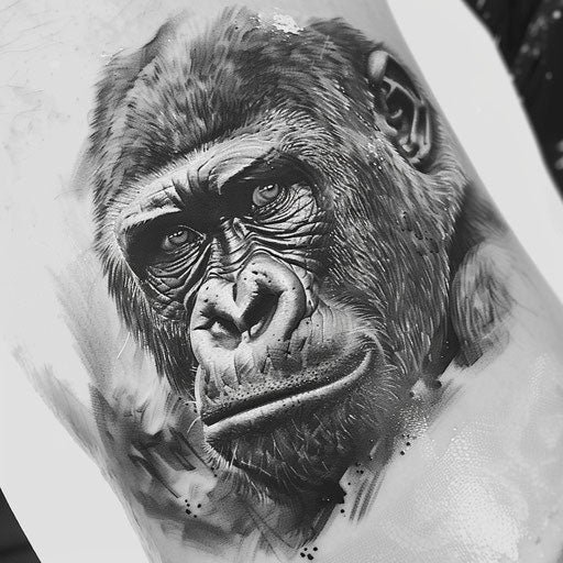 Realistic black and grey gorilla tattoo on white background
