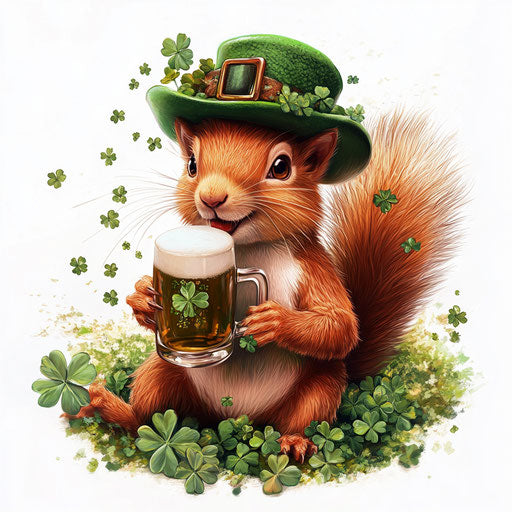 St. Patrick's Day squirrel with hat and beer surrounded by clovers