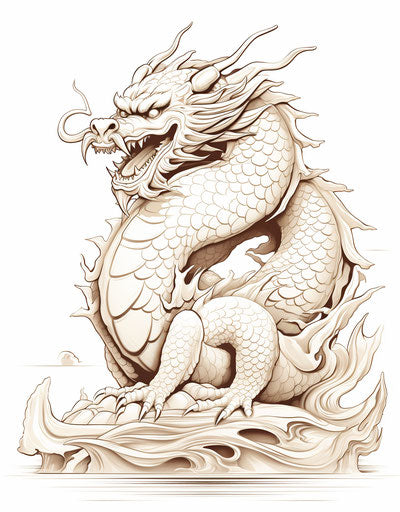 Dragon carving in vector style, isolated on white background, in multilayered style, Heian period, illusory realism, bold chiaroscuro contrast, Cambodian art, hand-drawn, strong diagonals