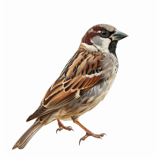 Realistic sparrow clipart on flat white background, sharp textures