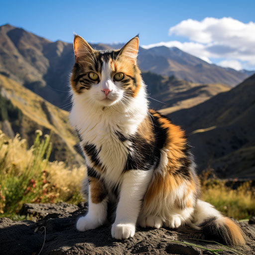 Calico cat sitting in front of mountain scenery