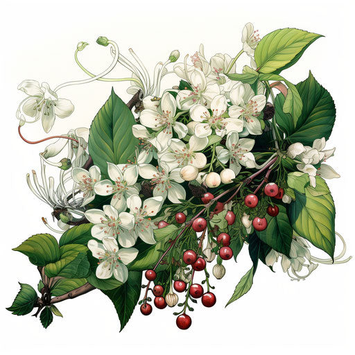 Flowers and berries in aurorapunk style, white and green