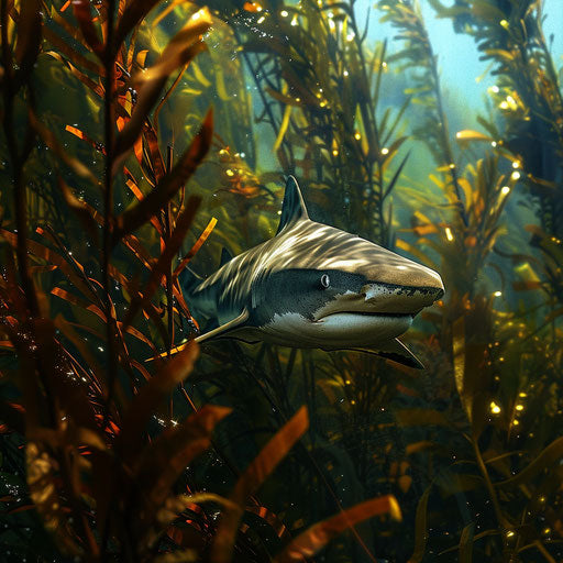 Close encounter with a tiger shark in a dense kelp forest underwater
