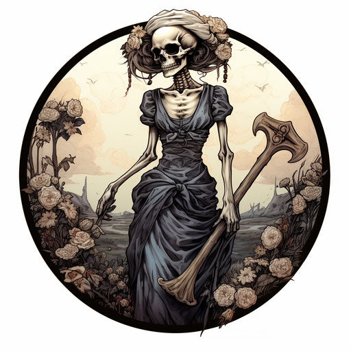 Skull with scythe, feminine sticker art, black and white realism