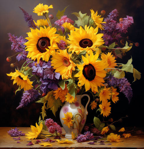 A beautiful vase full of sunflowers and geraniums, in dark yellow and light purple style, eye-catching, joyful, dark yellow 27:28
