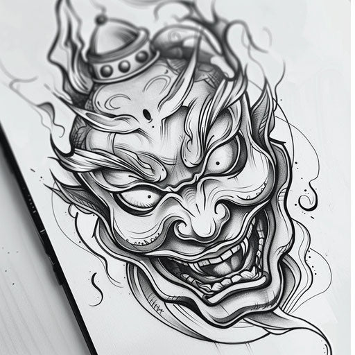 Whimsical flat tattoo sketch of a cartoonish Hannya mask with playful features