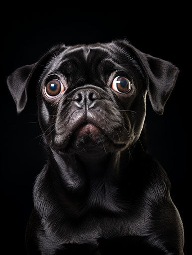 Black pug dog looking up, trapped emotions depicted