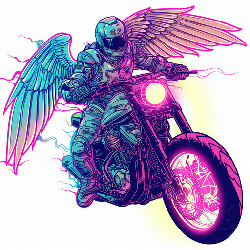 Archangel Michael in a cyberpunk tattoo stencil with neon futuristic motorcycle on white background