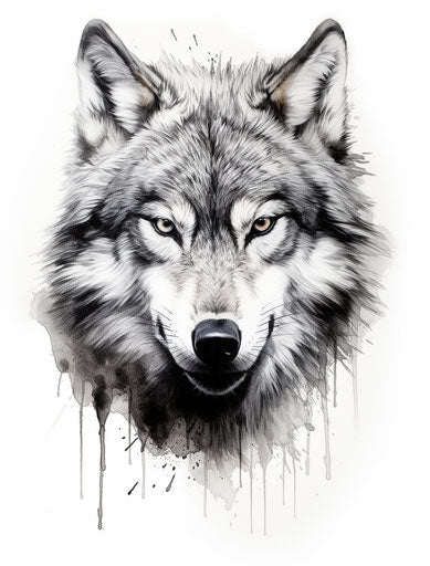 Gray wolf in inkblot style, intense facial expression