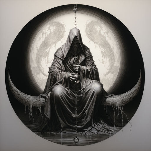 Black and white tattoo of full moon, occultist style