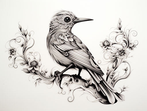 Bird drawing in black ink on white, intricate pattern style