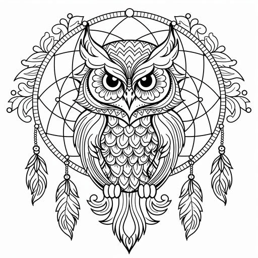 Black and white owl in dream catcher coloring pages free