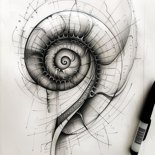 Futuristic tattoo sketch of a Fibonacci spiral with metallic effects