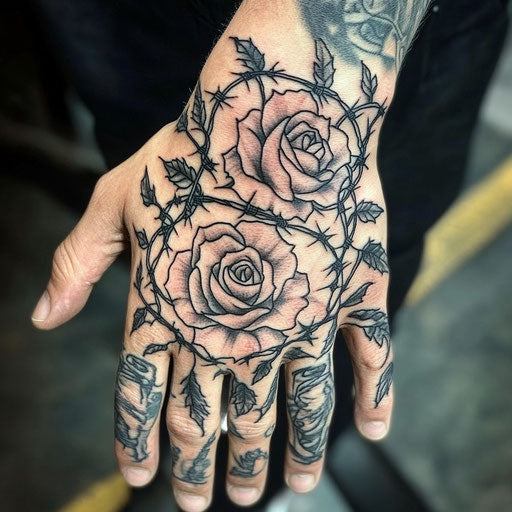 Roses and barbed wire hand tattoos Steve McNiven style
